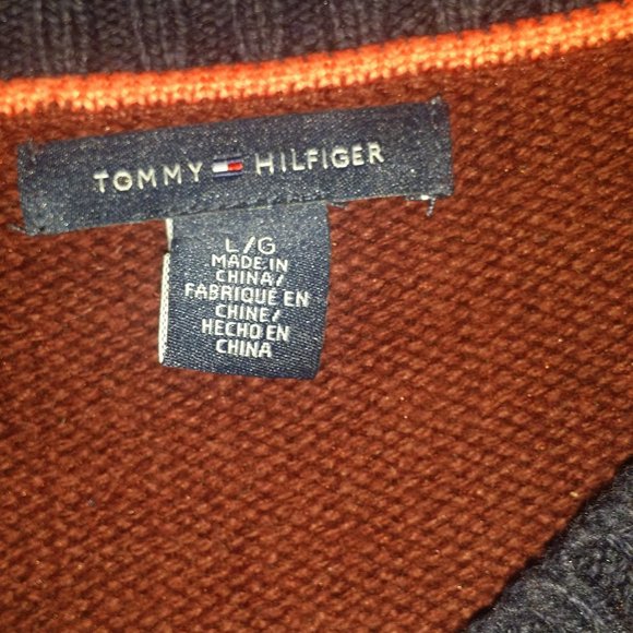 Tommy Hilfiger Burgundy & Navy Varsity Cardigan w Cable Knit Sleeves Sz L - Picture 3 of 7